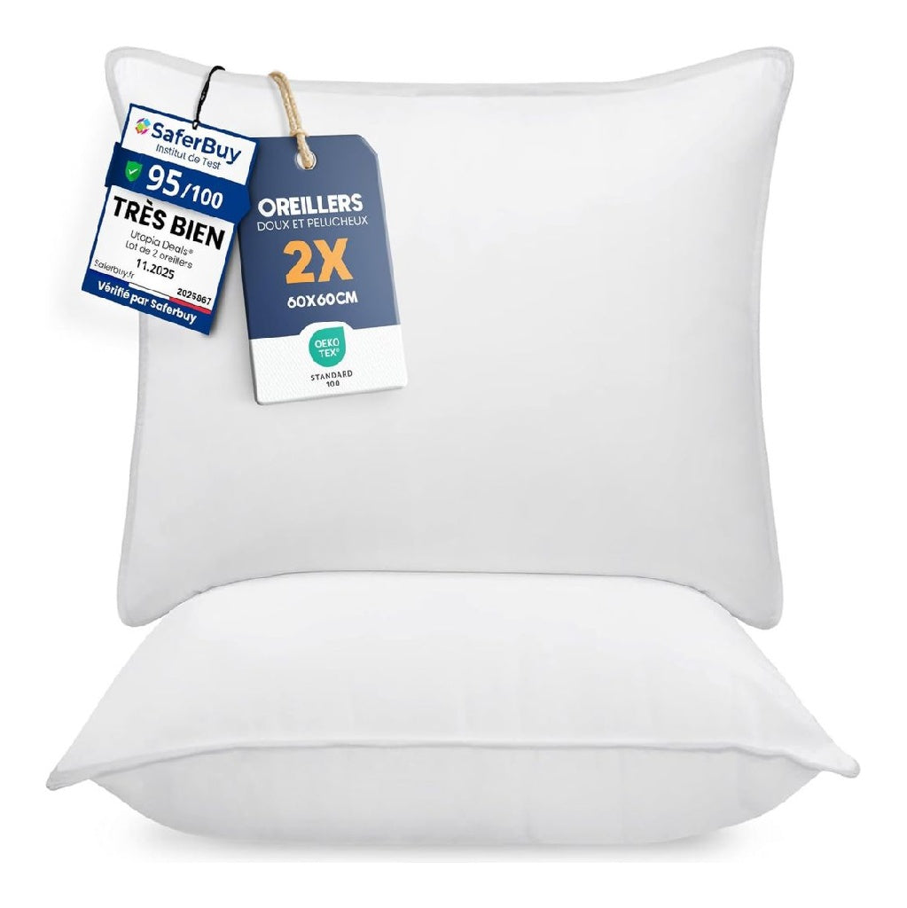 Bedding Oreillers 60x60cm Lot de 2 Coussins de Lit Blanc Doux et Confortables Garnissage Moelleux Housse Respirante Entretien Facile